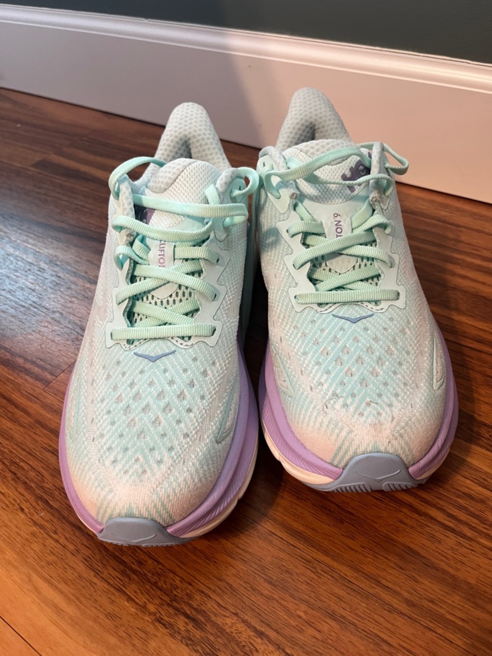 Hoka Clifton 9 Women's Mint and Lavender Running Sneakers - Picture 2 of 7